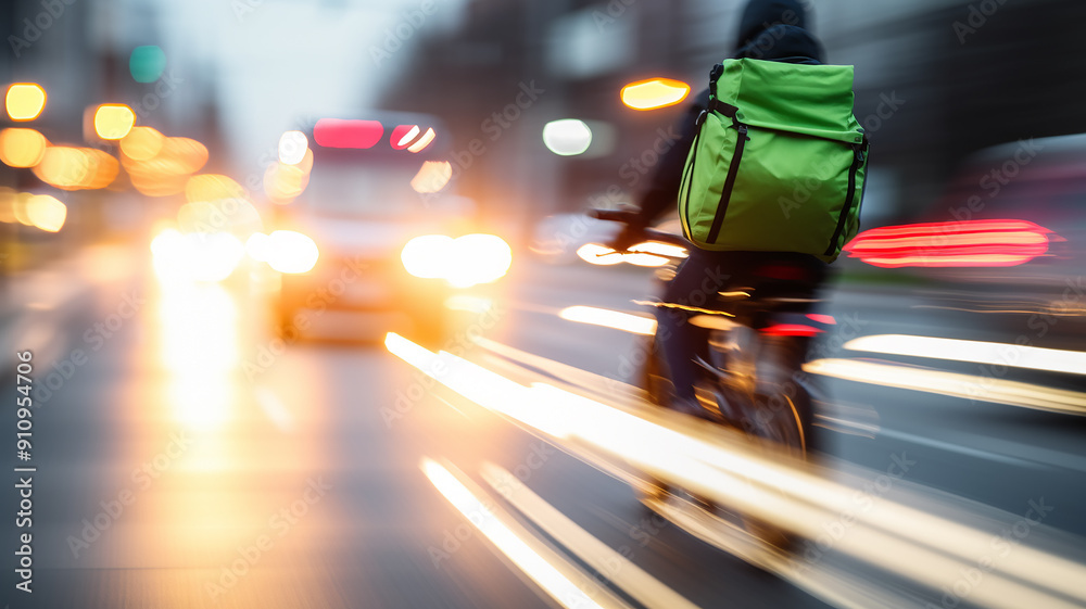 a delivery service courier on a bike rides in city traffic in a blurry. bike road street a delivery service courier on a bike rides in city traffic in a blurry. bike road street