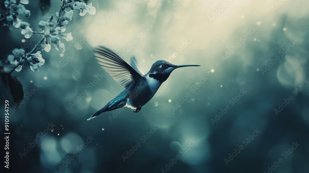 Fototapeta premium A Hummingbird in Flight with a Blurry Background of Flowers