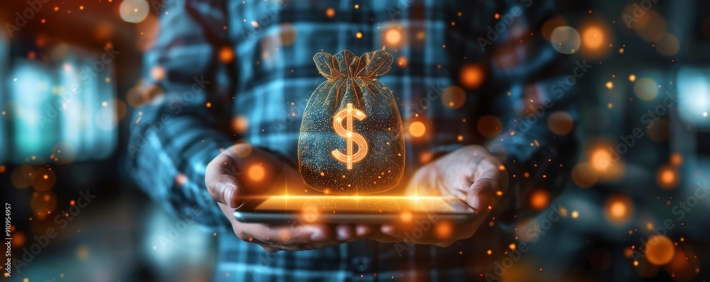 Businessman holding a tablet with a holographic graph and dollar sign icon Businessman holding a tablet with a holographic graph and dollar sign icon