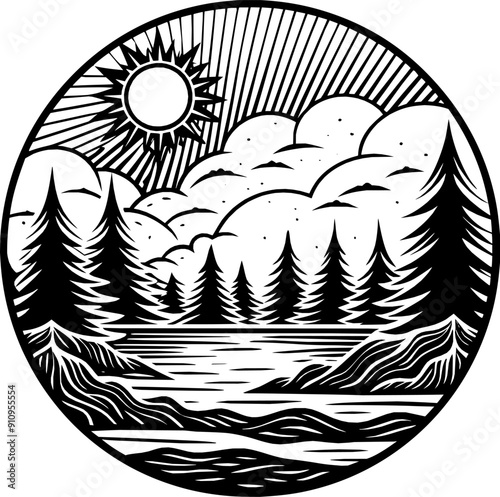 Rundes Vektor Logo - Landschaft mit See, Bäumen und Wolken - Natur - Outdoor und Abenteuer - Wildnis