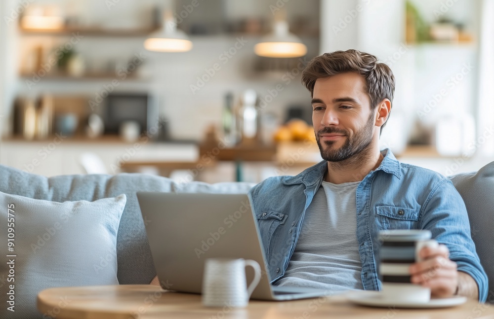 A man in casual clothes works on his laptop and drinks coffee at home A man in casual clothes works on his laptop and drinks coffee at home