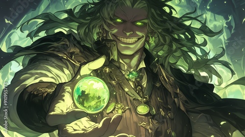 Mystical character with glowing eyes and a magic orb, capturing the essence of fantasy and dark magic.