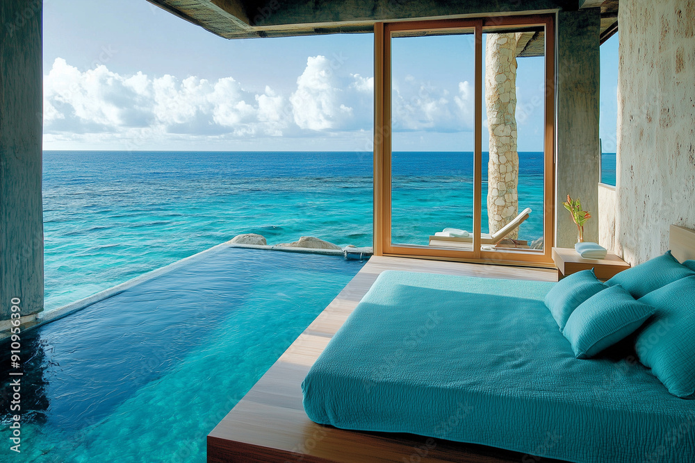 Fototapeta premium Seaside Serenity: Showcasing a Waterbed in a Villa Bedroom Design