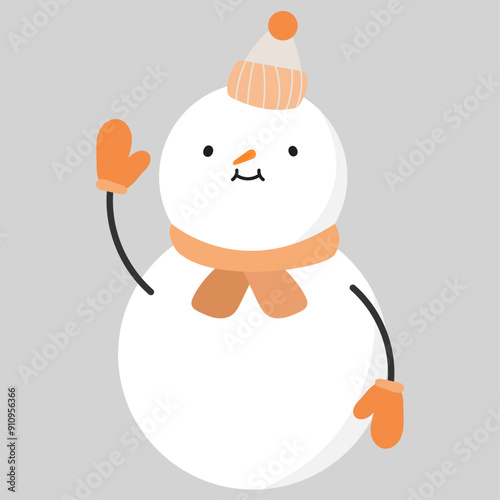 Cute snowman waving hello, vector graphic