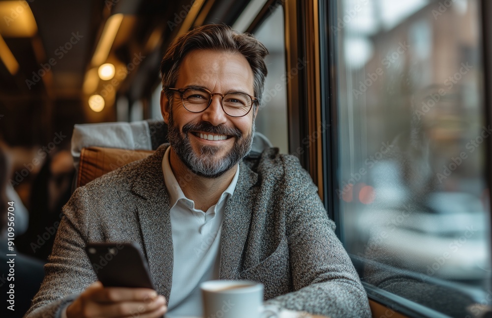 Businessman with phone and coffee, sitting by train window, heading to office, looking happy Businessman with phone and coffee, sitting by train window, heading to office, looking happy