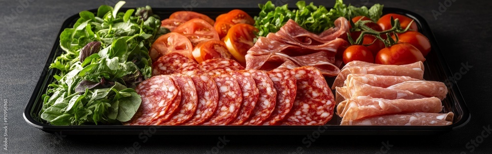 Delicious Food Tray with Salami, Ham, Sausage, and Vegetables Delicious Food Tray with Salami, Ham, Sausage, and Vegetables