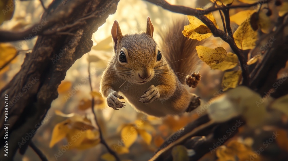 A Curious Squirrel Peeking Through Autumn Branches A Curious Squirrel Peeking Through Autumn Branches