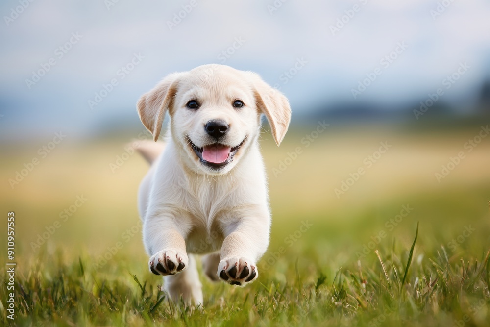 Labrador Retriever puppy running towards camera on green grass