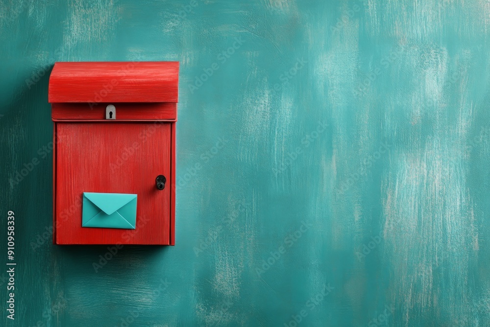 Red mailbox with blue envelope inside on teal background