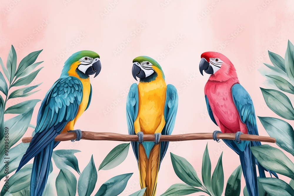 Obraz premium Parrots, perched on branches, surrounded by vibrant tropical colors, depicted in a watercolor style.