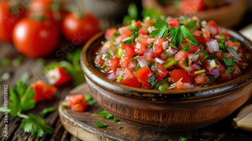 Fresh homemade salsa with tomatoes, onions, and cilantro in rustic wooden bowl