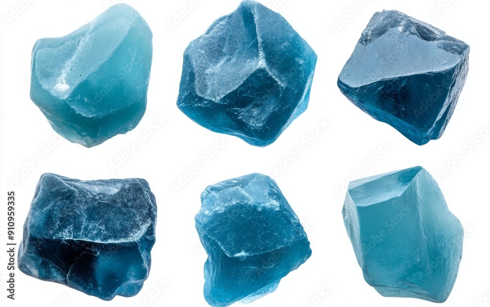Set of different blue ice rocks isolated on white background