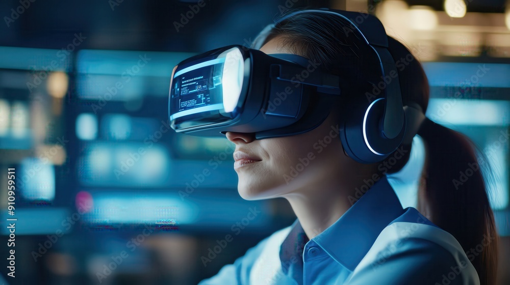 Entrepreneurs using VR headsets to explore virtual storefronts, hightech office, futuristic, neon blue, digital illustration Entrepreneurs using VR headsets to explore virtual storefronts, hightech office, futuristic, neon blue, digital illustration