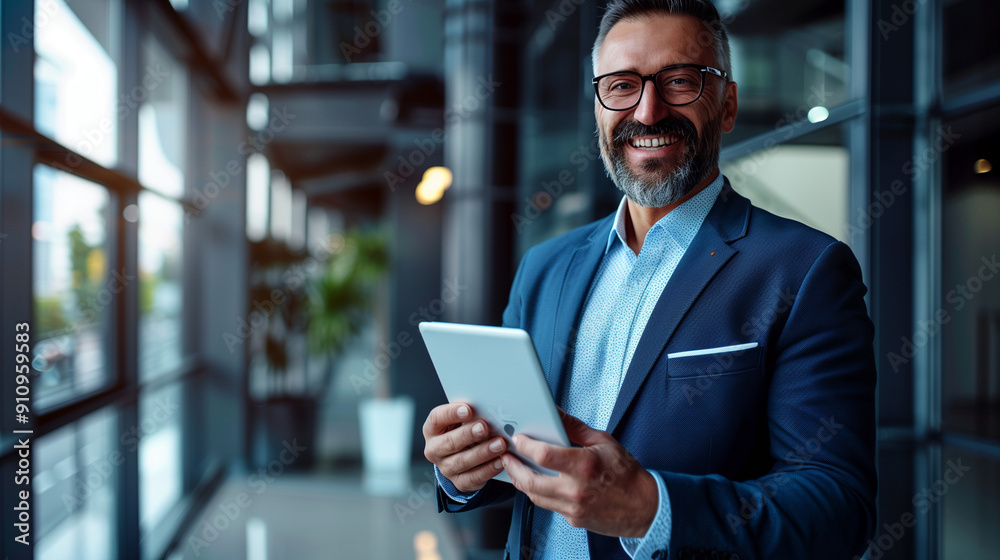 Happy Businessman: Elegant Middle-Aged Professional Manager and Financial Executive Confidently Using Digital Tablet Happy Businessman: Elegant Middle-Aged Professional Manager and Financial Executive Confidently Using Digital Tablet