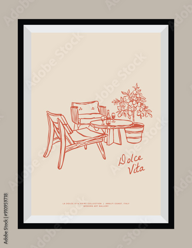 Minimal hand drawn vector dolce vita illustration with aesthetic quote in a poster frame. Art for greeting cards, wedding invitations, postcards, branding, logo design. Matisse style illustrations.	