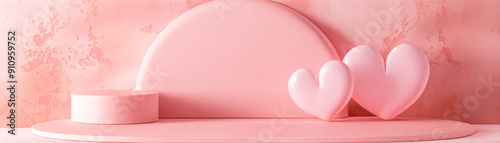 pastel pink product display podium with hearts against textured wall 