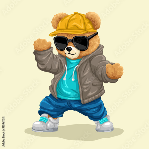 Cute teddy bear cartoon in hipster fashion style dancing. Vector illustration