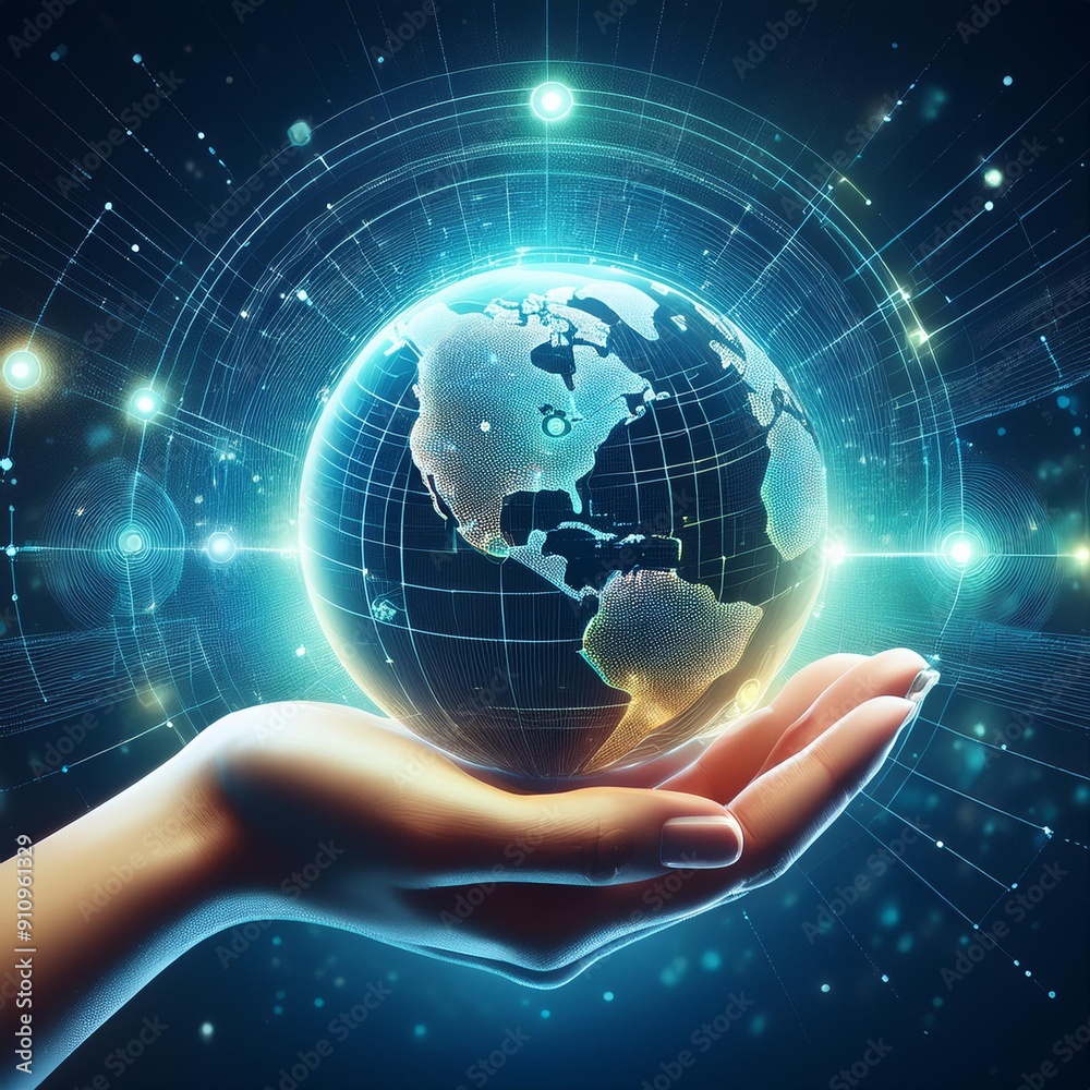 Illustration of earth in hand and digital world. AI generated Illustration of earth in hand and digital world. AI generated