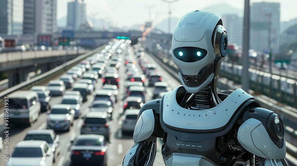 Futuristic AI Robot Managing Logistics in a Smart Transportation Hub for Efficient Workflow Futuristic AI Robot Managing Logistics in a Smart Transportation Hub for Efficient Workflow