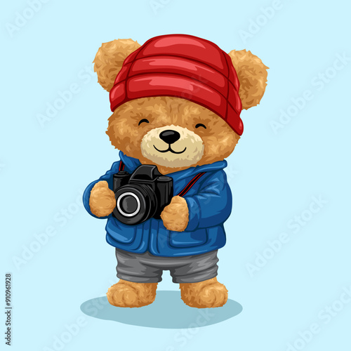 Cute teddy bear cartoon character holding camera. Vector illustration