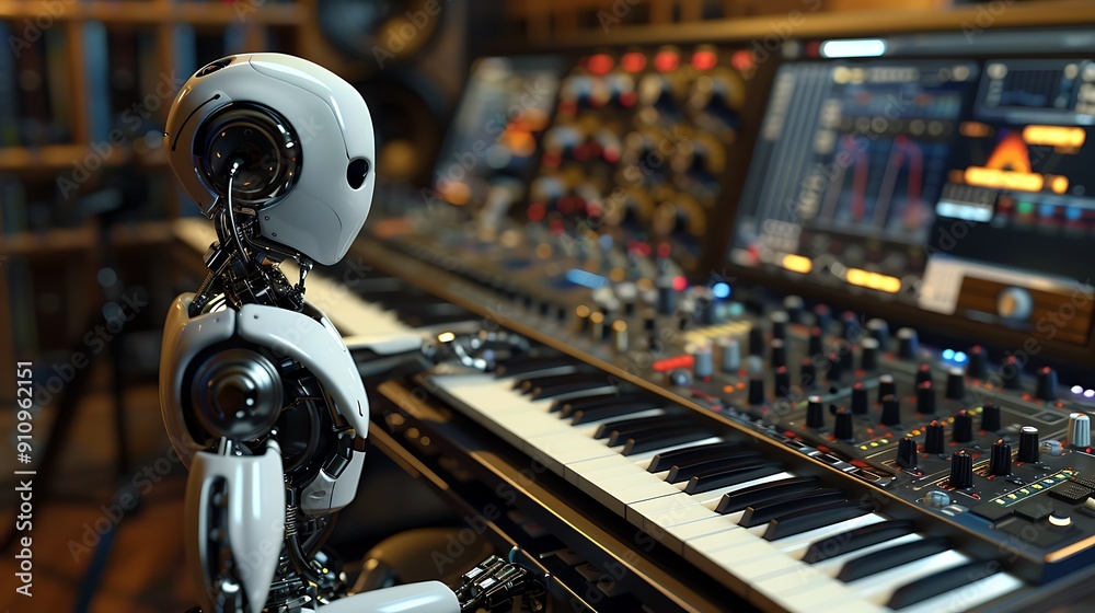 Fototapeta premium Futuristic AI Robot in Music Studio Crafting Electronic Tracks with Creative Process