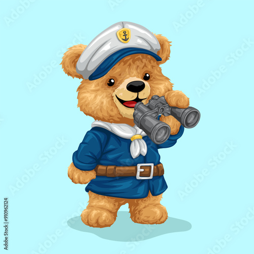 Cute teddy bear cartoon character in sailor costume with binocular. Vector illustration
