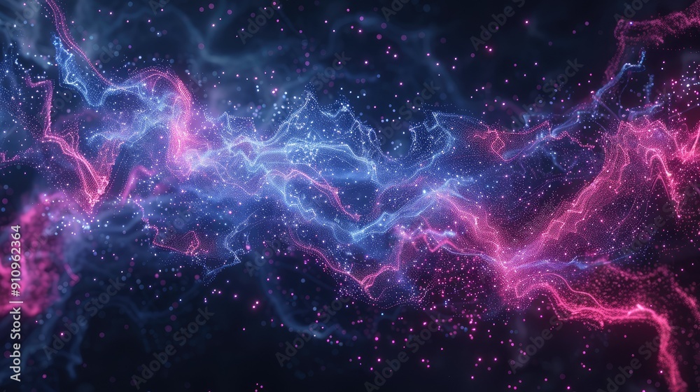 Fototapeta premium Neon light particles forming a digital network on a dark background