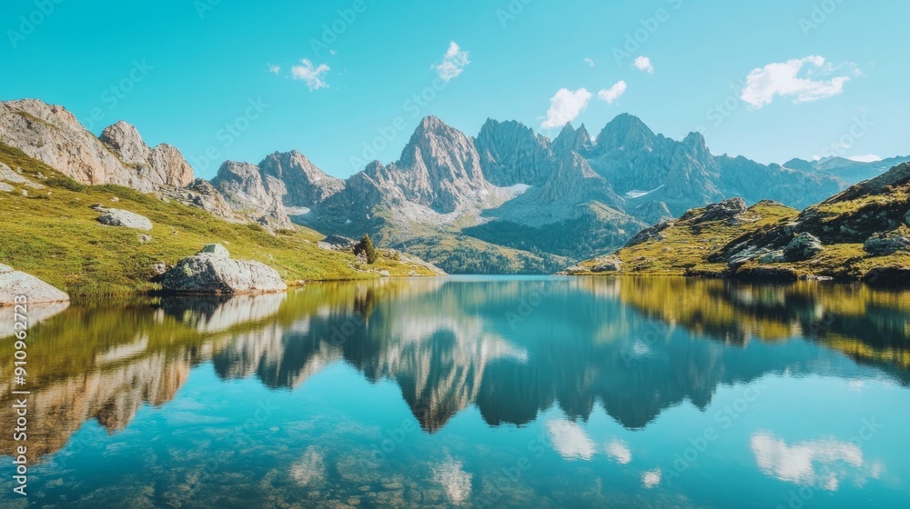 Breathtaking View of Mountain Lake Surrounded by Towering Peaks, Crystal-Clear Water Reflecting Landscape Under Bright, Cloudless Sky Breathtaking View of Mountain Lake Surrounded by Towering Peaks, Crystal-Clear Water Reflecting Landscape Under Bright, Cloudless Sky