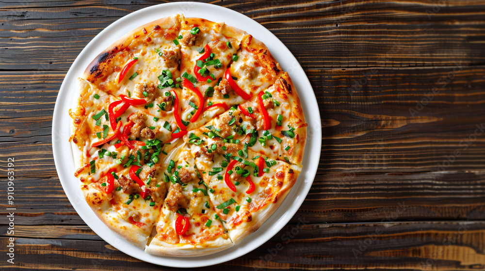 Delicious pizza with melted mozzarella, sausage, and red pepper slices, lying on a white plate on a wooden table Delicious pizza with melted mozzarella, sausage, and red pepper slices, lying on a white plate on a wooden table