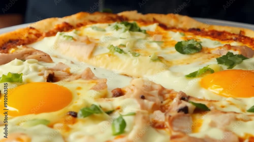 This flavorful breakfast pizza featuring eggs, chicken, and fresh vegetables. This flavorful breakfast pizza featuring eggs, chicken, and fresh vegetables.