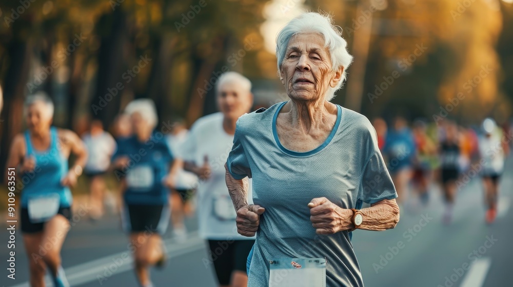 An elderly woman runs determinedly in a local marathon with other participants around her An elderly woman runs determinedly in a local marathon with other participants around her