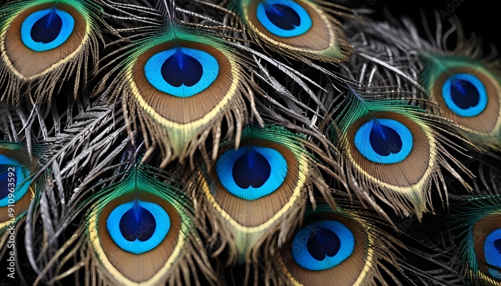 Fototapeta premium A peacock feather featuring brilliant colors and patterns, with droplets of water on the surface adding a sparkling effect