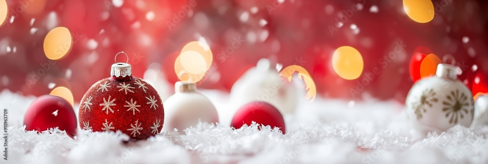 A beautiful arrangement of red and white Christmas ornaments resting on snow with a backdrop of warm lights, capturing the festive holiday spirit.