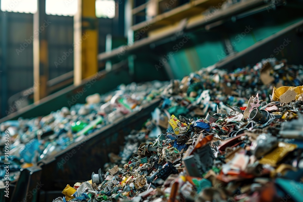 Piled recyclable waste at processing facility Piled recyclable waste at processing facility