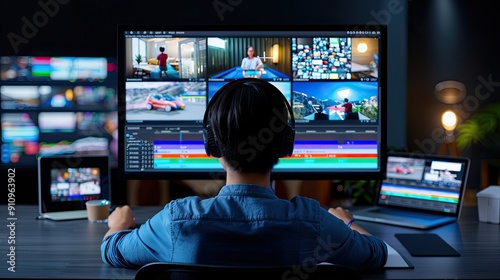 An individual focused on video editing with multiple screens displaying various media clips and editing software, creating a dynamic and efficient workspace.