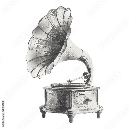 Retro Gramophone. Halftone collage cutout element in a surreal bitmap style for scrapbook, poster, t-shirt. Vector illustration isolated on transparent background with dotted photocopy texture.