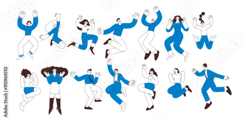 Collection of happy business employee females and males jumping in the air cheerfully isolated on white background. Black and white modern flat vector illustration. Social media concept.