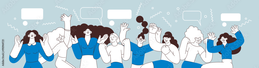 Collection of happy business employee females jumping in the air cheerfully on colorful background with graphic elements. Black and white modern flat vector illustration. Social media concept. Collection of happy business employee females jumping in the air cheerfully on colorful background with graphic elements. Black and white modern flat vector illustration. Social media concept.