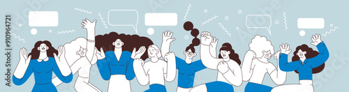 Collection of happy business employee females jumping in the air cheerfully on colorful background with graphic elements. Black and white modern flat vector illustration. Social media concept.