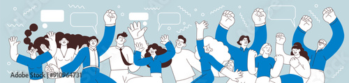 Collection of happy business employee females and males jumping in the air cheerfully on colorful background with graphic elements. Black and white modern vector illustration. Social media concept
