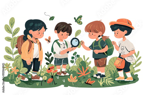 A group of children are exploring nature. They are looking at bugs, flowers, and plants. They are all wearing backpacks and are carrying magnifying glasses.
