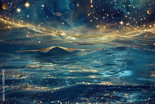 A cosmic ocean with waves made of stardust, celestial bodies floating above, ethereal and peaceful, deep blue and gold tones, sparkling reflections on the water's surface