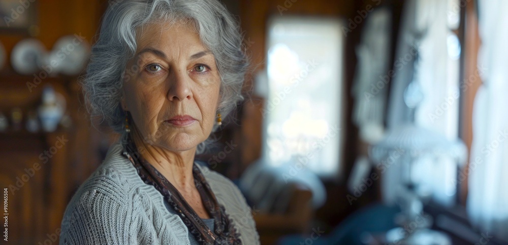 Elderly woman with gray hair and deep expression standing in a cozy living room with soft lighting. Portrait style photo for stock photography use. Generative AI. AI Elderly woman with gray hair and deep expression standing in a cozy living room with soft lighting. Portrait style photo for stock photography use. Generative AI. AI