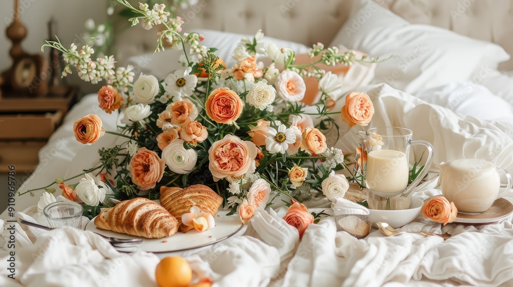 Mother's Day breakfast in bed setup with fresh flowers Mother's Day breakfast in bed setup with fresh flowers