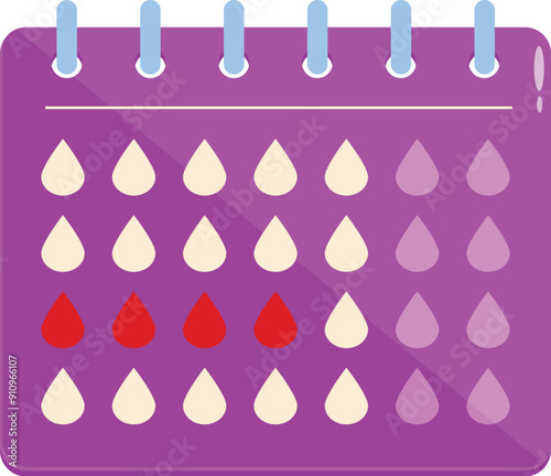 Menstrual cycle calendar with red drops marking menstruation period
