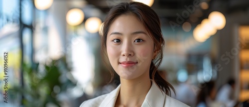 Business korean woman standing competently and smiling in open plan office photo