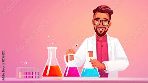 An illustration of a cheerful male scientist mixing colorful chemicals in a lab, with various flasks and test tubes on the table. Blank space for text and design