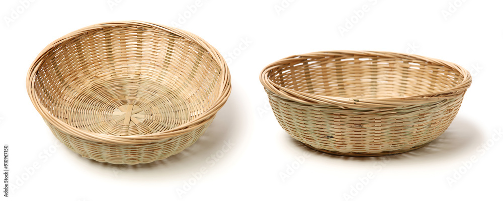 Bamboo basket hand made isolated on white background. Woven from bamboo tray.