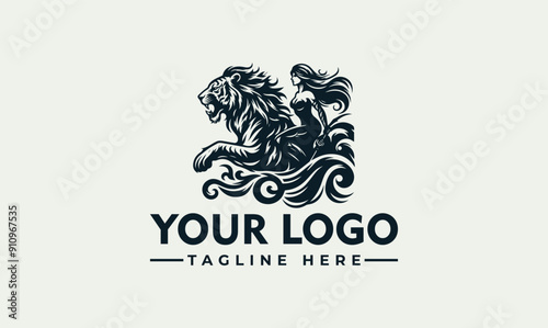 Woman riding a tiger Vector logo black and white, stylized for logo, poster, and design projects needing a bold, powerful element.