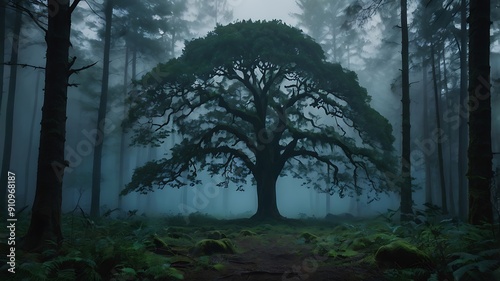 Lonely tree in a wide landscape in the middle of dusk and dark forest full of old trees in a blue dark theme